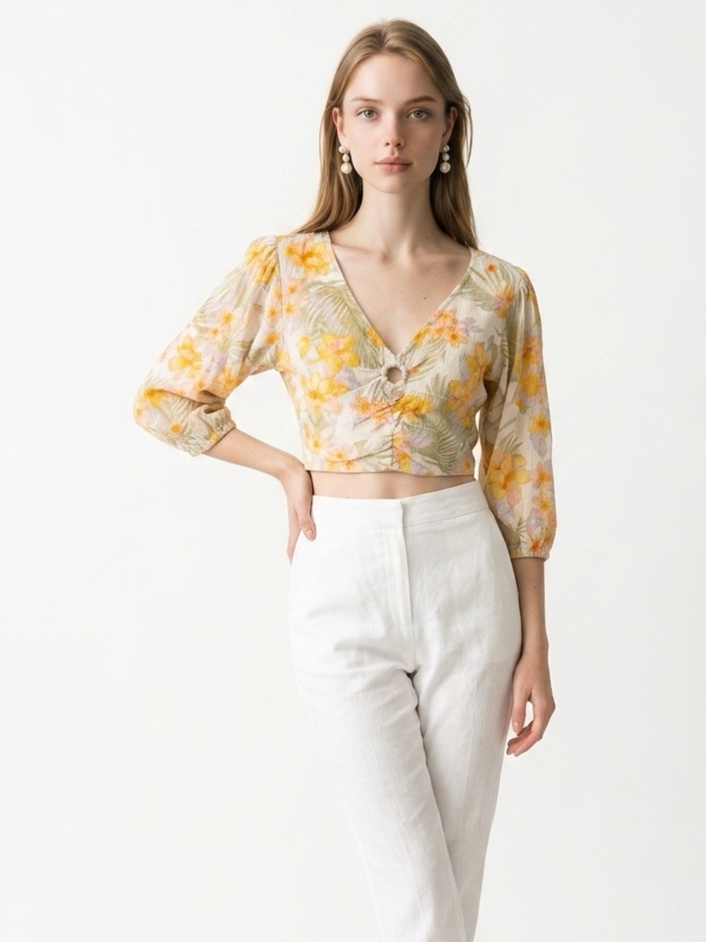 Billabong Women Yellow Floral Ring Detail Smocked Crop Top NWT Size S